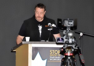 IUOE Local 115 Member Representative Brian LeFebvre addresses the crowd at a rally held to support foreign Tim Horton's workers subjected to employer abuse.