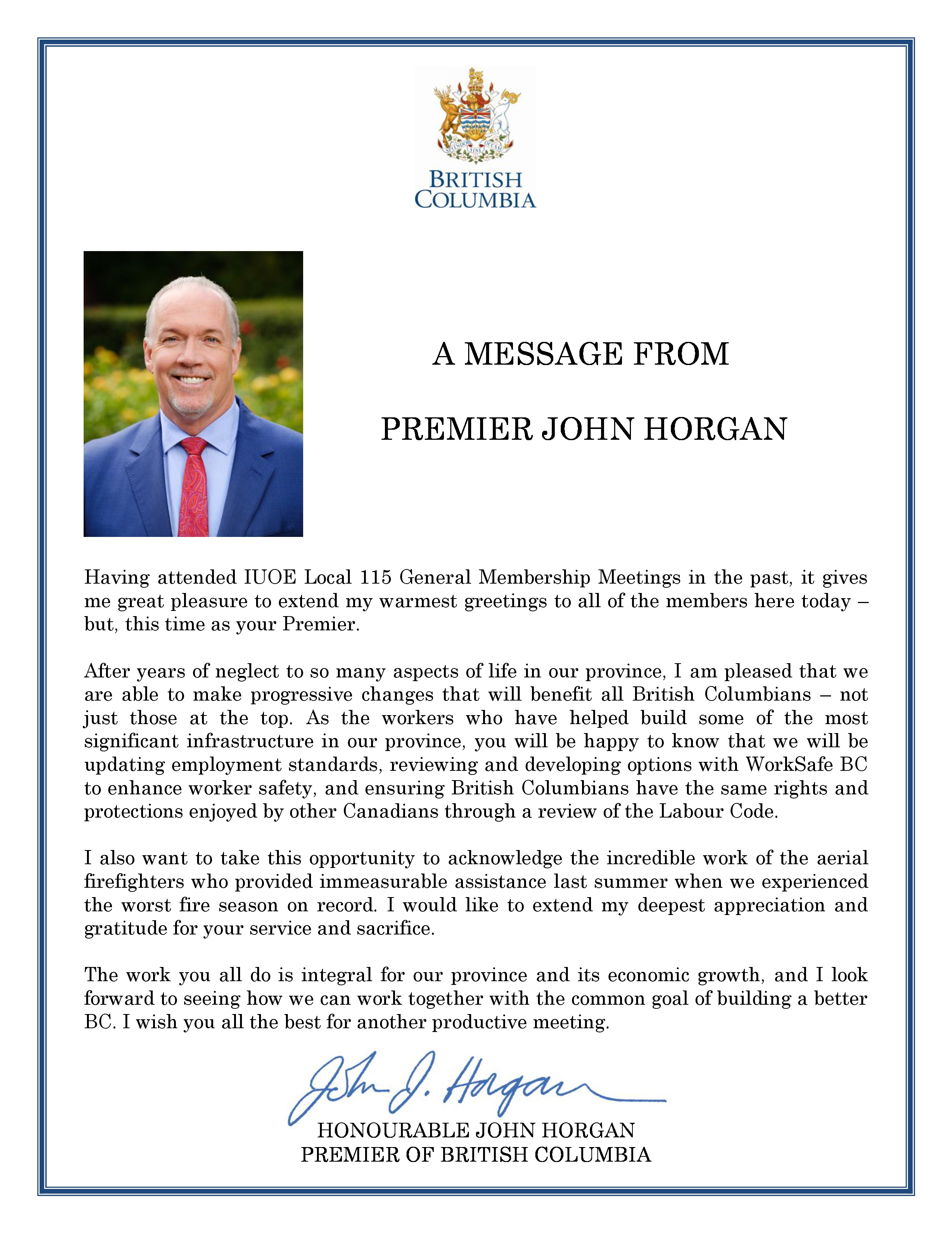 IUOE 115 Premier John Horgan message March 2018