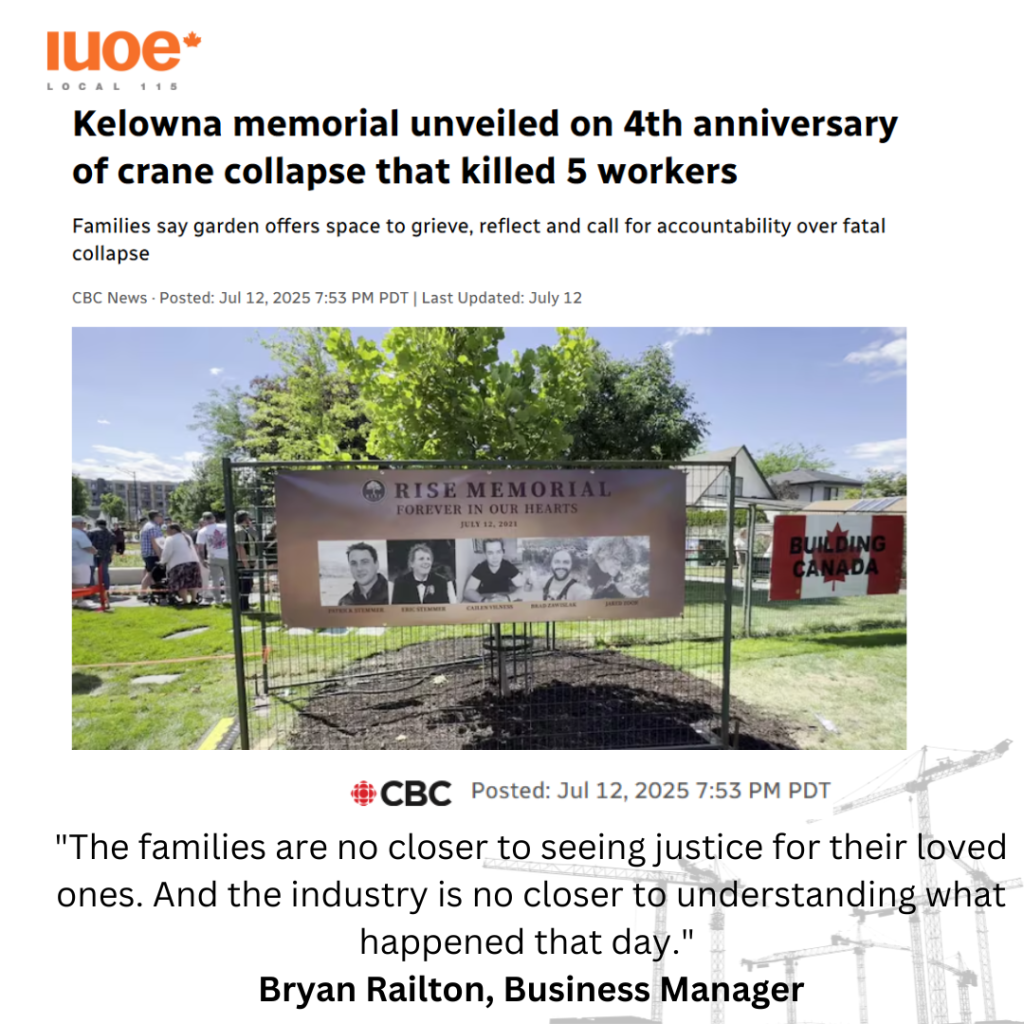Kelowna July 12, CBC News image of a memorial garden honouring the victims of the Kelowna tower crane collapse